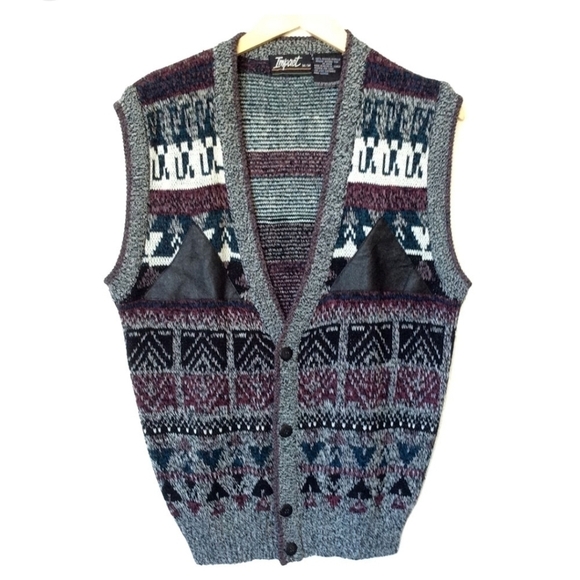 Vintage Other - Vintage Impact Men's Sweater Vest 80's Leather Patches Geometric Grunge V-neck L